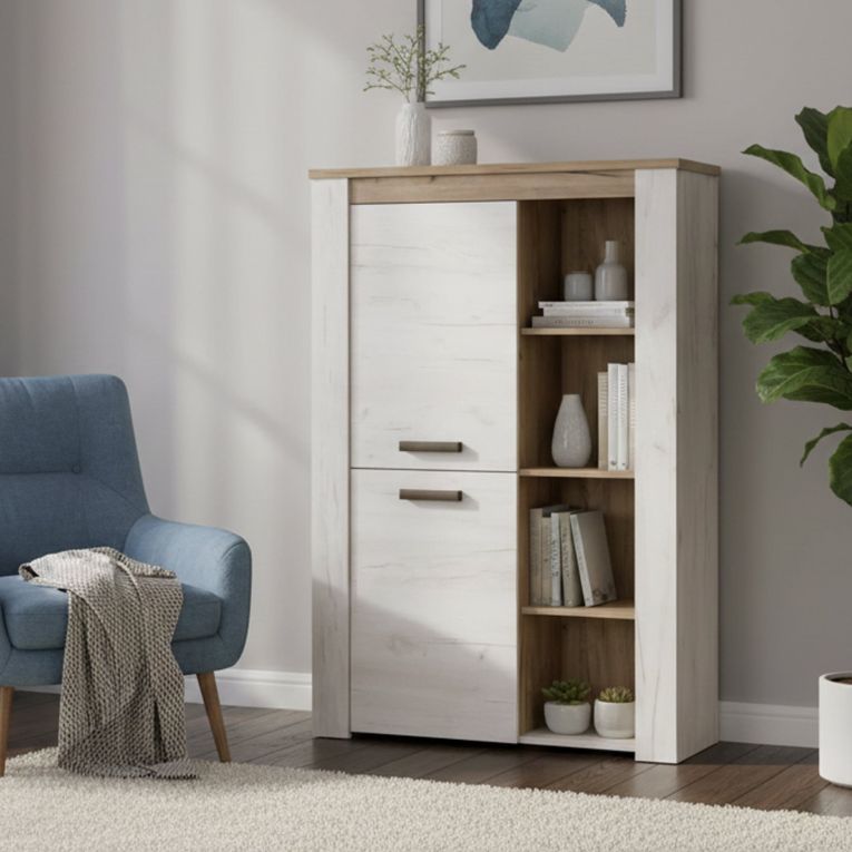 Vetrina Bianco Larice Marrone Rovere Nodi 6 Ripiani Apertura Battente 99.5x36.5x146.5h cm, 2 Ante - Sagama