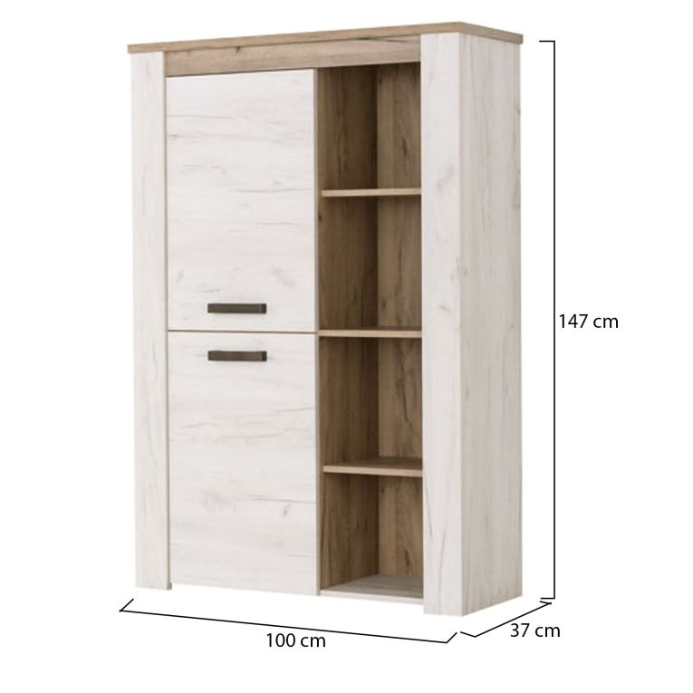 Vetrina Bianco Larice Marrone Rovere Nodi 6 Ripiani Apertura Battente 99.5x36.5x146.5h cm, 2 Ante - Sagama