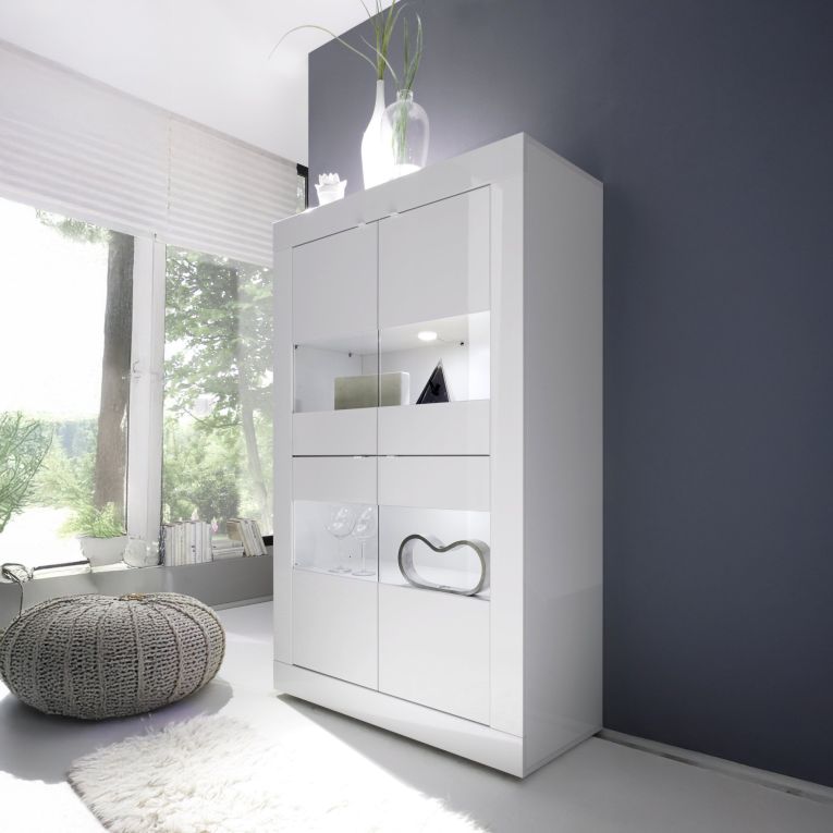 Vetrina Bianco Lucido 3 Ripiani Apertura con Maniglia 101.4x42x161.2h cm, 2 Ante - Suzzara
