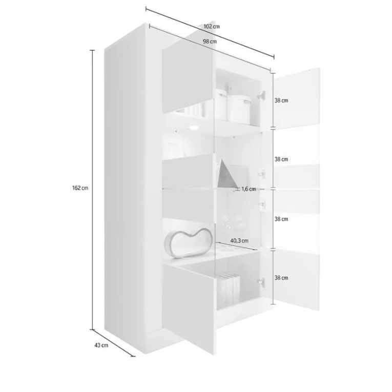Vetrina Bianco Lucido 3 Ripiani Apertura con Maniglia 101.4x42x161.2h cm, 2 Ante - Suzzara