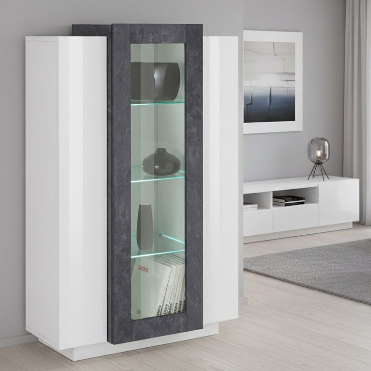 Vetrina Bianco Lucido Grigio Ardesia 7 Ripiani 3 Ante 80x38x121h cm, 10 Vani Made in Italy - Ablaze