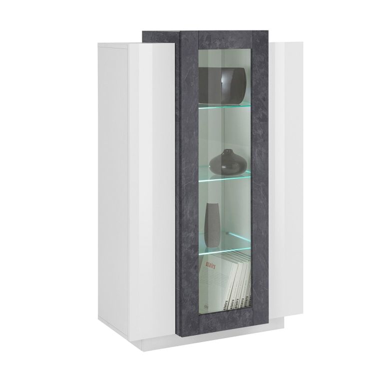 Vetrina Bianco Lucido Grigio Ardesia 7 Ripiani 3 Ante 80x38x121h cm, 10 Vani Made in Italy - Ablaze