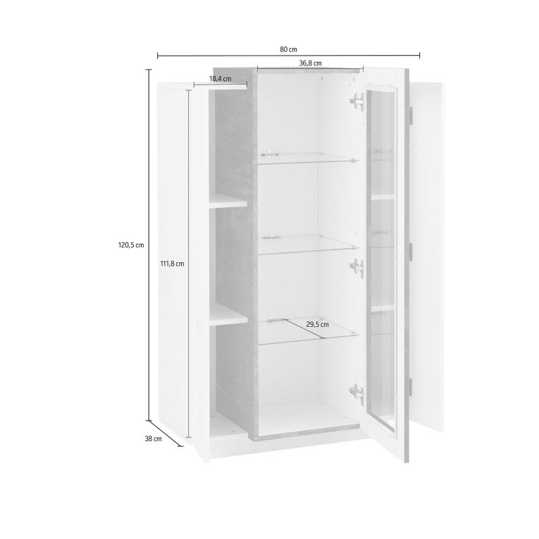 Vetrina Bianco Lucido Grigio Ardesia 7 Ripiani 3 Ante 80x38x121h cm, 10 Vani Made in Italy - Ablaze