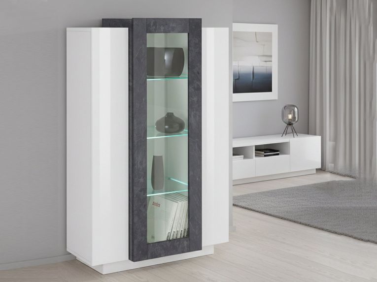 Vetrina Bianco Lucido Grigio Ardesia 7 Ripiani 3 Ante 80x38x121h cm, 10 Vani Made in Italy - Ablaze