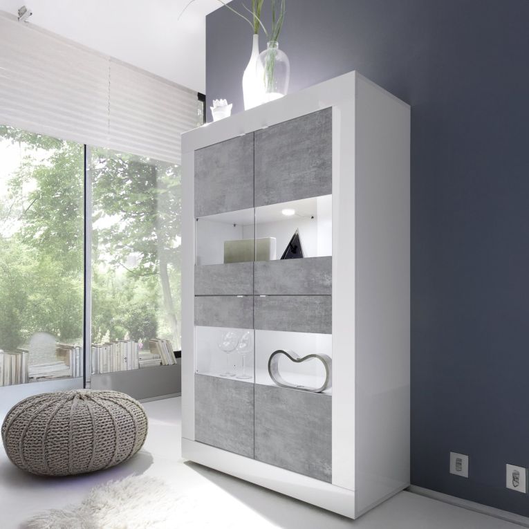Vetrina Bianco Lucido Grigio Cemento 3 Ripiani 2 Ante 101.4x42x161.2h cm, Apertura con Maniglia - Suzzara
