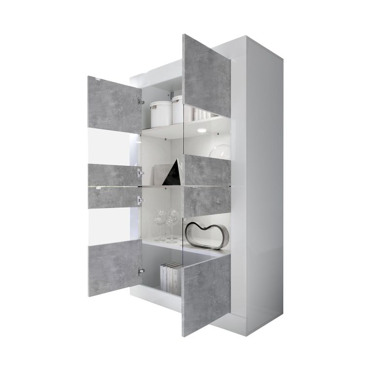 Vetrina Bianco Lucido Grigio Cemento 3 Ripiani 2 Ante 101.4x42x161.2h cm, Apertura con Maniglia - Suzzara