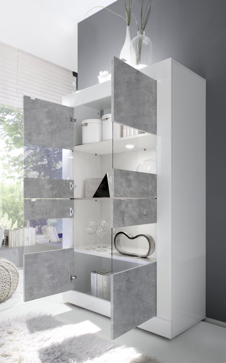 Vetrina Bianco Lucido Grigio Cemento 3 Ripiani 2 Ante 101.4x42x161.2h cm, Apertura con Maniglia - Suzzara