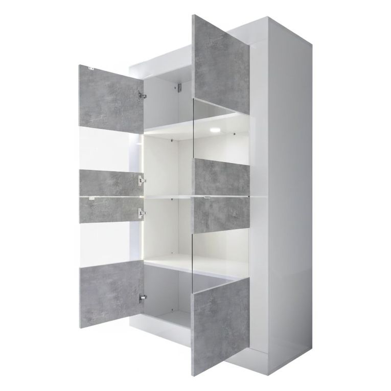 Vetrina Bianco Lucido Grigio Cemento 3 Ripiani 2 Ante 101.4x42x161.2h cm, Apertura con Maniglia - Suzzara