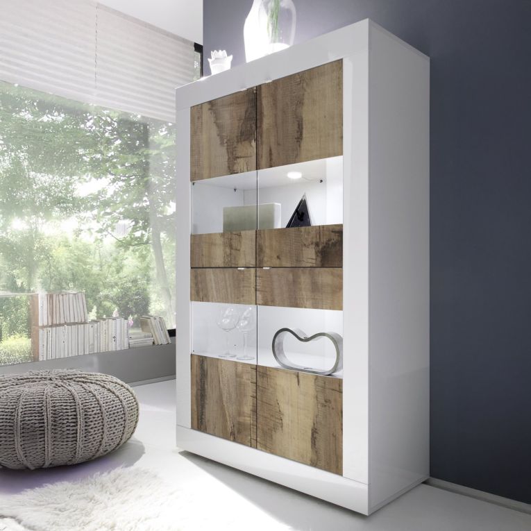 Vetrina Bianco Lucido Marrone Pero 2 Ante Colore Struttura Marrone 101.4x42x161.2h cm, Colore Ripiano Bianco - Suzzara