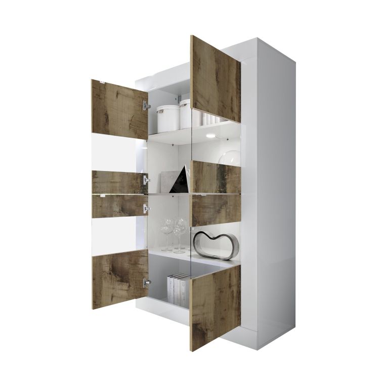 Vetrina Bianco Lucido Marrone Pero 2 Ante Colore Struttura Marrone 101.4x42x161.2h cm, Colore Ripiano Bianco - Suzzara