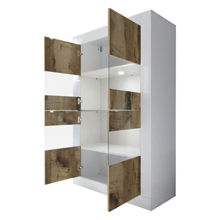 Vetrina Bianco Lucido Marrone Pero 2 Ante Colore Struttura Marrone 101.4x42x161.2h cm, Colore Ripiano Bianco - Suzzara