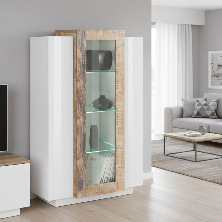 Vetrina Bianco Lucido Marrone Pero 7 Ripiani 3 Ante 80x38x121h cm, 10 Vani Made in Italy - Ablaze
