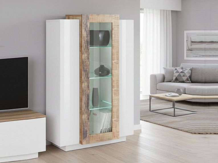 Vetrina Bianco Lucido Marrone Pero 7 Ripiani 3 Ante 80x38x121h cm, 10 Vani Made in Italy - Ablaze