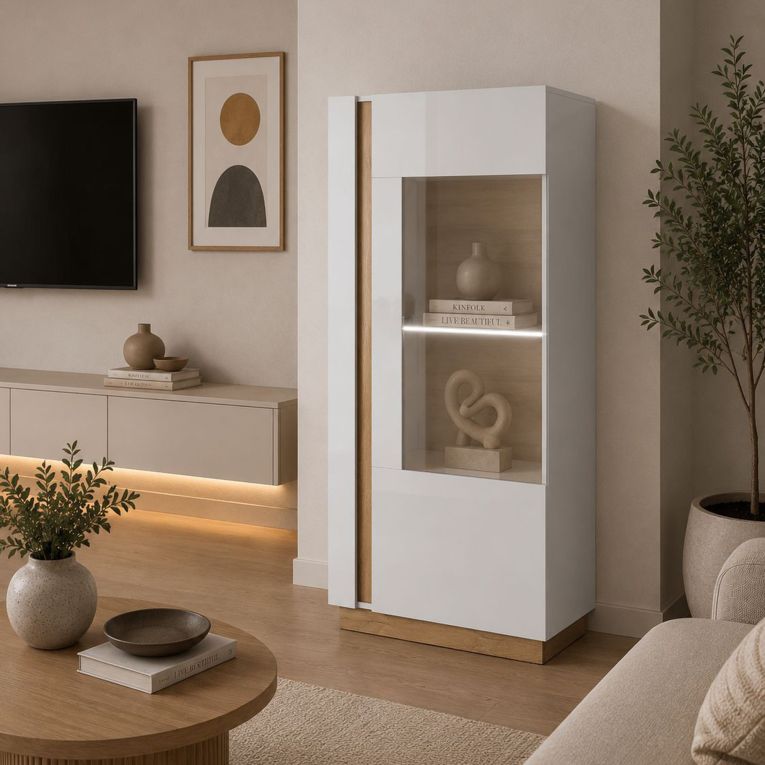 Vetrina Bianco Lucido Marrone Rovere 2 Ripiani Un'anta 72x40x154h cm, con led - Kato