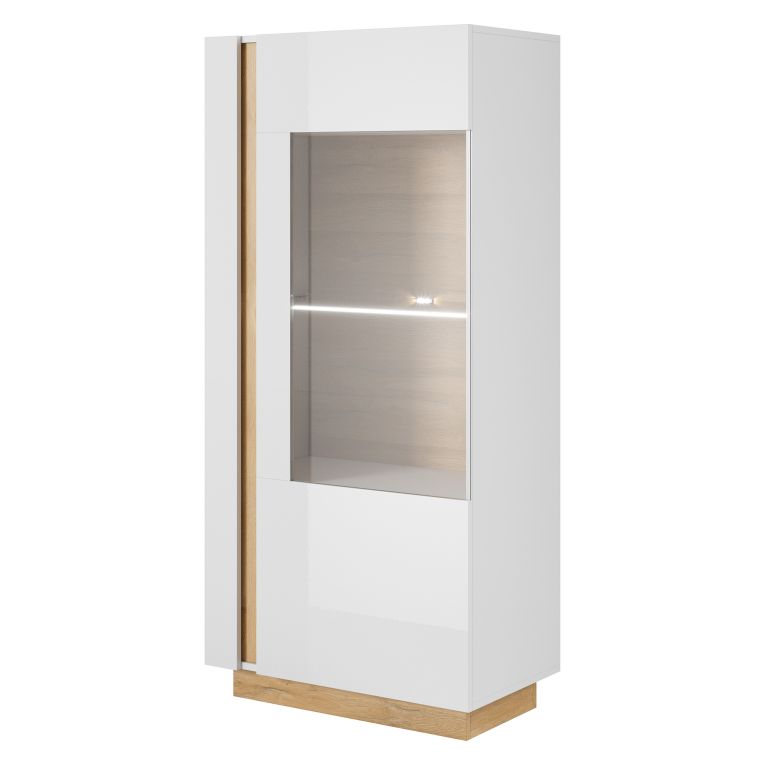 Vetrina Bianco Lucido Marrone Rovere 2 Ripiani Un'anta 72x40x154h cm, con led - Kato