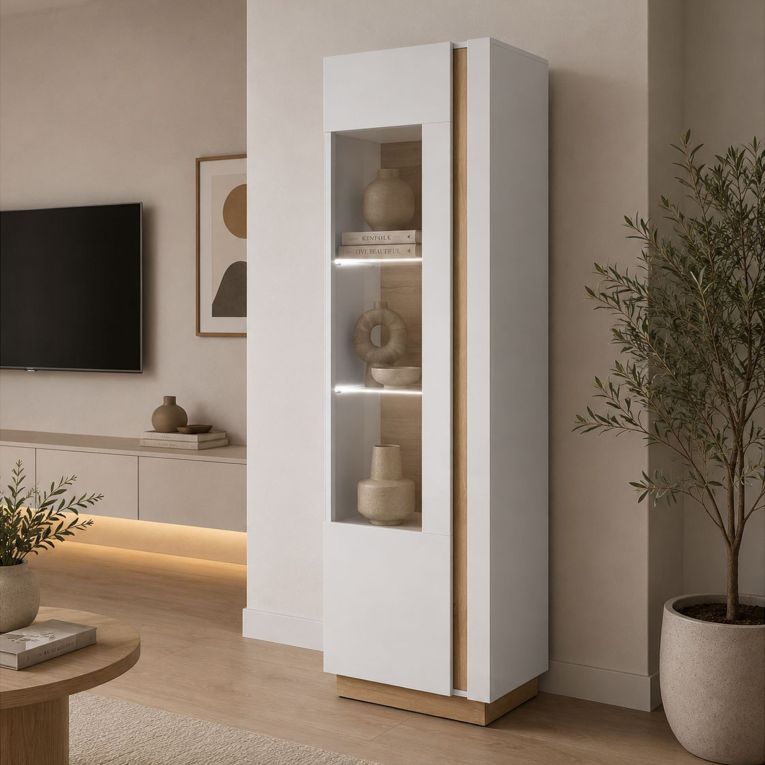 Vetrina Bianco Lucido Marrone Rovere 3 Ripiani Un'anta 60x40x194h cm, con led - Katito