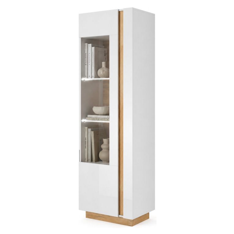 Vetrina Bianco Lucido Marrone Rovere 3 Ripiani Un'anta 60x40x194h cm, con led - Katito