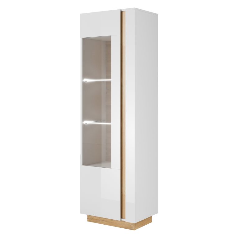 Vetrina Bianco Lucido Marrone Rovere 3 Ripiani Un'anta 60x40x194h cm, con led - Katito