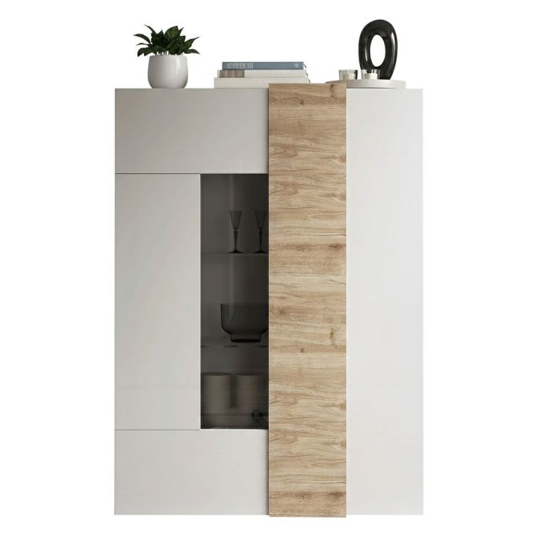 Vetrina Bianco Lucido Marrone Rovere 8 Ripiani 2 Ante 121x44x169h cm, Apertura Standard - Gorizia