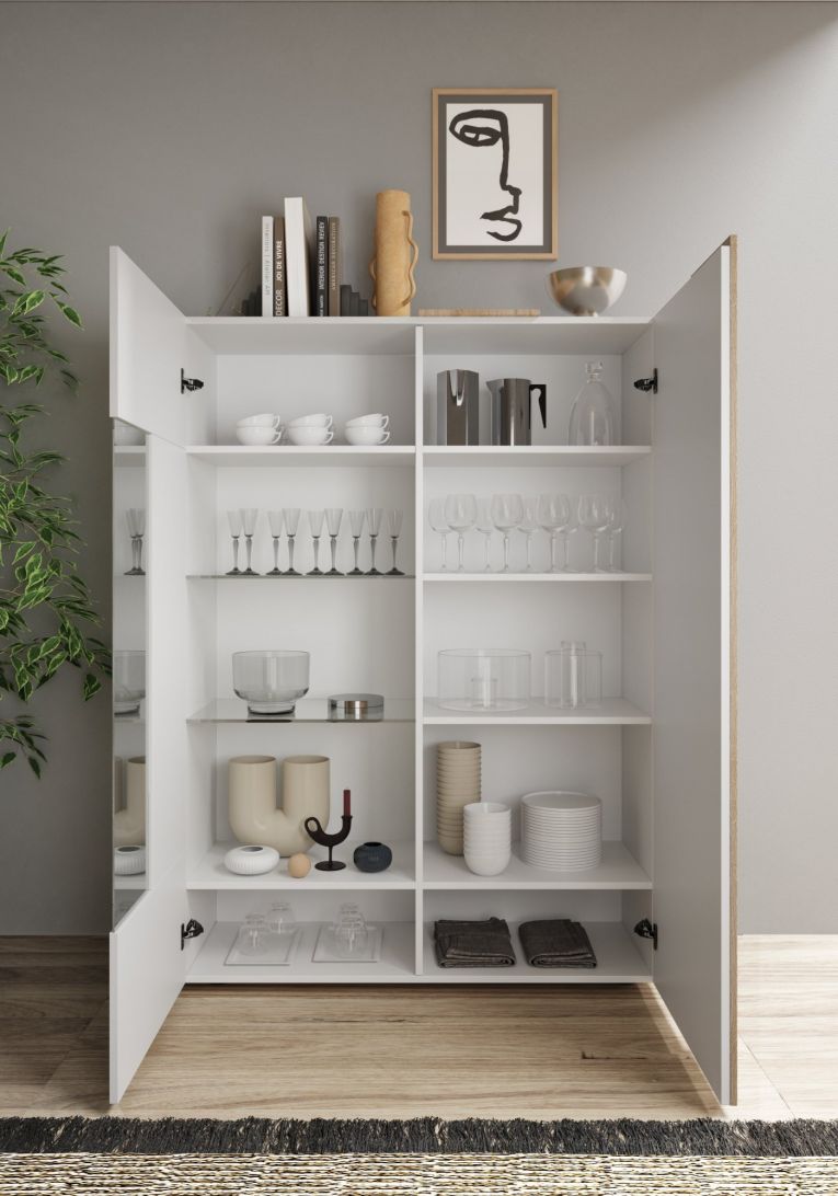 Vetrina Bianco Lucido Marrone Rovere 8 Ripiani 2 Ante 121x44x169h cm, Apertura Standard - Gorizia