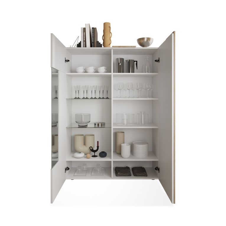 Vetrina Bianco Lucido Marrone Rovere 8 Ripiani 2 Ante 121x44x169h cm, Apertura Standard - Gorizia