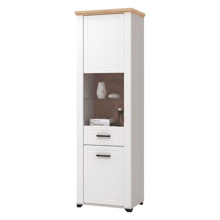 Vetrina Bianco Marrone Rovere Nodi 4 Ripiani Apertura Battente 60.5x41x194.5h cm, 2 Ante - Piscinas