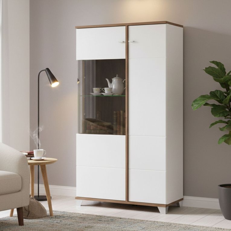 Vetrina Bianco Marrone Rovere Nodi 4 Ripiani Apertura Battente 78.5x40x143h cm, 2 Ante - Suello