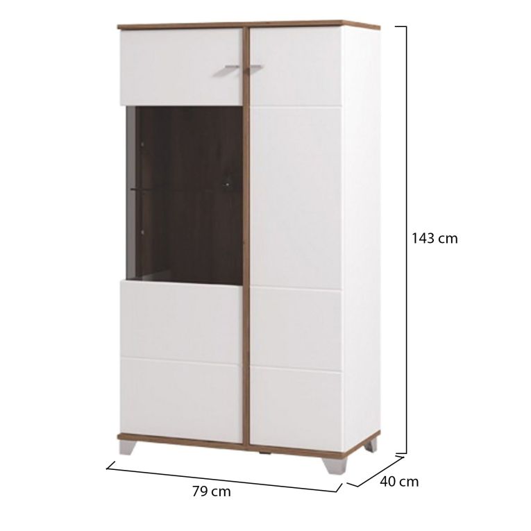Vetrina Bianco Marrone Rovere Nodi 4 Ripiani Apertura Battente 78.5x40x143h cm, 2 Ante - Suello