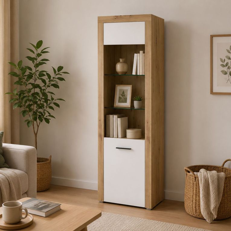 Vetrina Bianco Marrone Rovere Nodi 5 Ripiani Un'anta 65x42x192h cm, Anta e Ripiani Dettaglio Vetro led non Inclusi - Lohalime