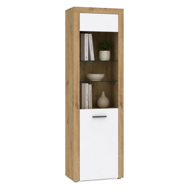 Vetrina Bianco Marrone Rovere Nodi 5 Ripiani Un'anta 65x42x192h cm, Anta e Ripiani Dettaglio Vetro led non Inclusi - Lohalime