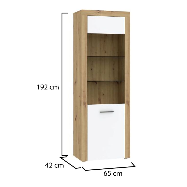 Vetrina Bianco Marrone Rovere Nodi 5 Ripiani Un'anta 65x42x192h cm, Anta e Ripiani Dettaglio Vetro led non Inclusi - Lohalime