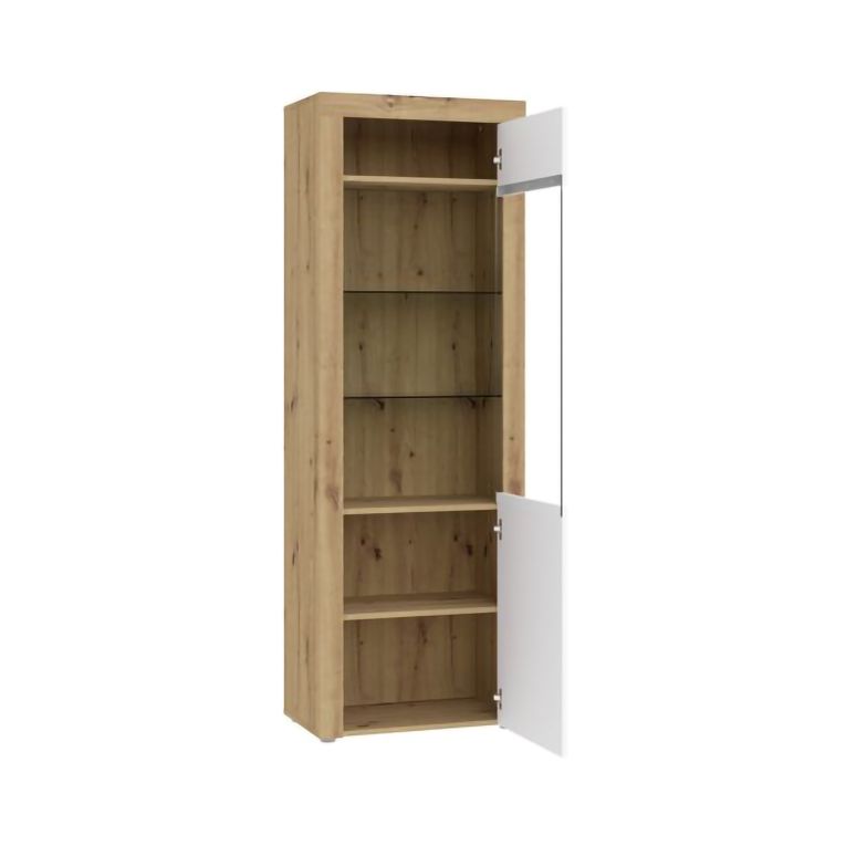 Vetrina Bianco Marrone Rovere Nodi 5 Ripiani Un'anta 65x42x192h cm, Anta e Ripiani Dettaglio Vetro led non Inclusi - Lohalime