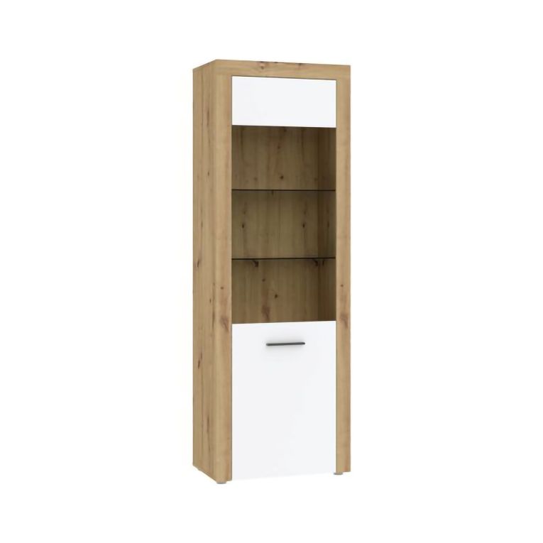 Vetrina Bianco Marrone Rovere Nodi 5 Ripiani Un'anta 65x42x192h cm, Anta e Ripiani Dettaglio Vetro led non Inclusi - Lohalime