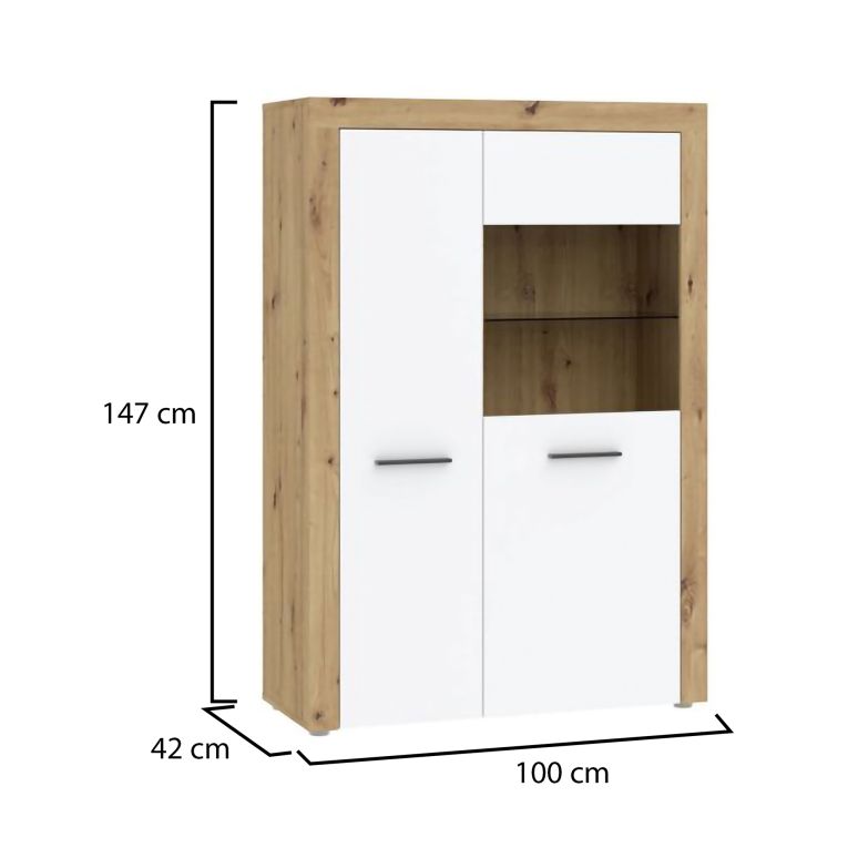 Vetrina Bianco Marrone Rovere Nodi 6 Ripiani 2 Ante 100x42x147h cm, Anta e Ripiani Dettaglio Vetro led non Inclusi - Lohalime