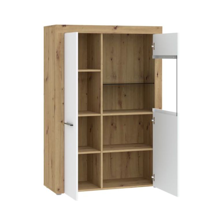 Vetrina Bianco Marrone Rovere Nodi 6 Ripiani 2 Ante 100x42x147h cm, Anta e Ripiani Dettaglio Vetro led non Inclusi - Lohalime