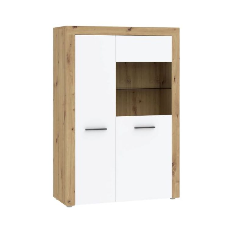 Vetrina Bianco Marrone Rovere Nodi 6 Ripiani 2 Ante 100x42x147h cm, Anta e Ripiani Dettaglio Vetro led non Inclusi - Lohalime