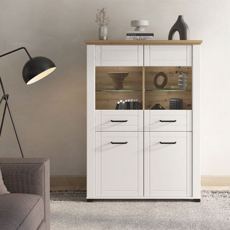 Vetrina Bianco Marrone Rovere Nodi 6 Ripiani Apertura Battente 103.5x41x143h cm, 4 Ante - Sarconi