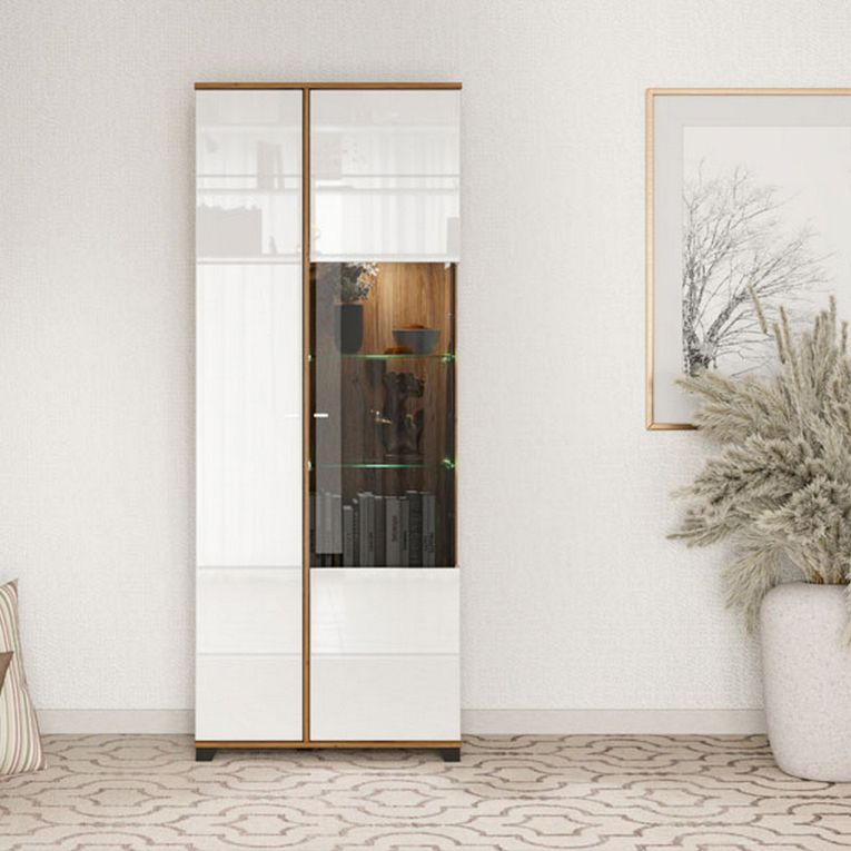 Vetrina Bianco Marrone Rovere Nodi 8 Ripiani Apertura Battente 78.5x40x200.5h cm, 2 Ante - Arentino