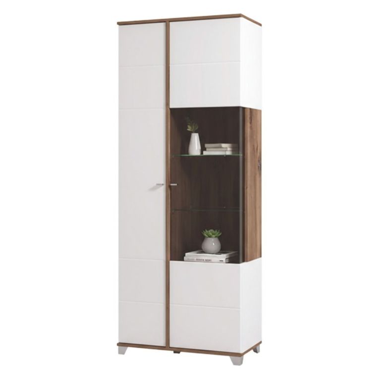 Vetrina Bianco Marrone Rovere Nodi 8 Ripiani Apertura Battente 78.5x40x200.5h cm, 2 Ante - Arentino