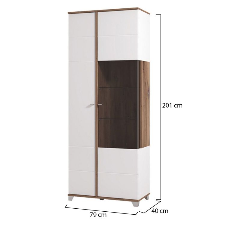 Vetrina Bianco Marrone Rovere Nodi 8 Ripiani Apertura Battente 78.5x40x200.5h cm, 2 Ante - Arentino
