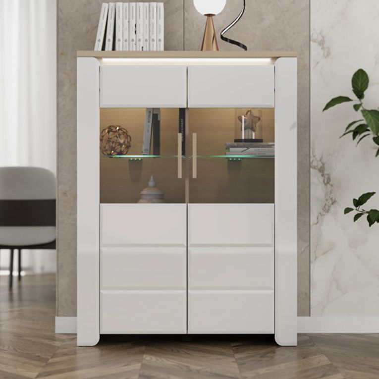 Vetrina Bianco Opaco Marrone Rovere 2 Ripiani 2 Ante 96x35x130h cm, Anta e Ripiani Dettaglio Vetro - Erto