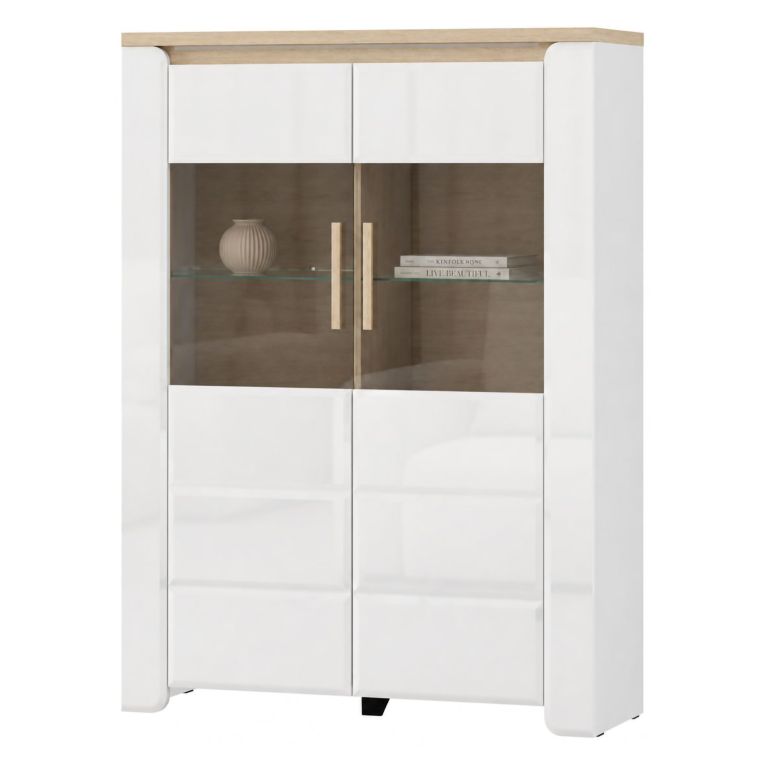 Vetrina Bianco Opaco Marrone Rovere 2 Ripiani 2 Ante 96x35x130h cm, Anta e Ripiani Dettaglio Vetro - Erto