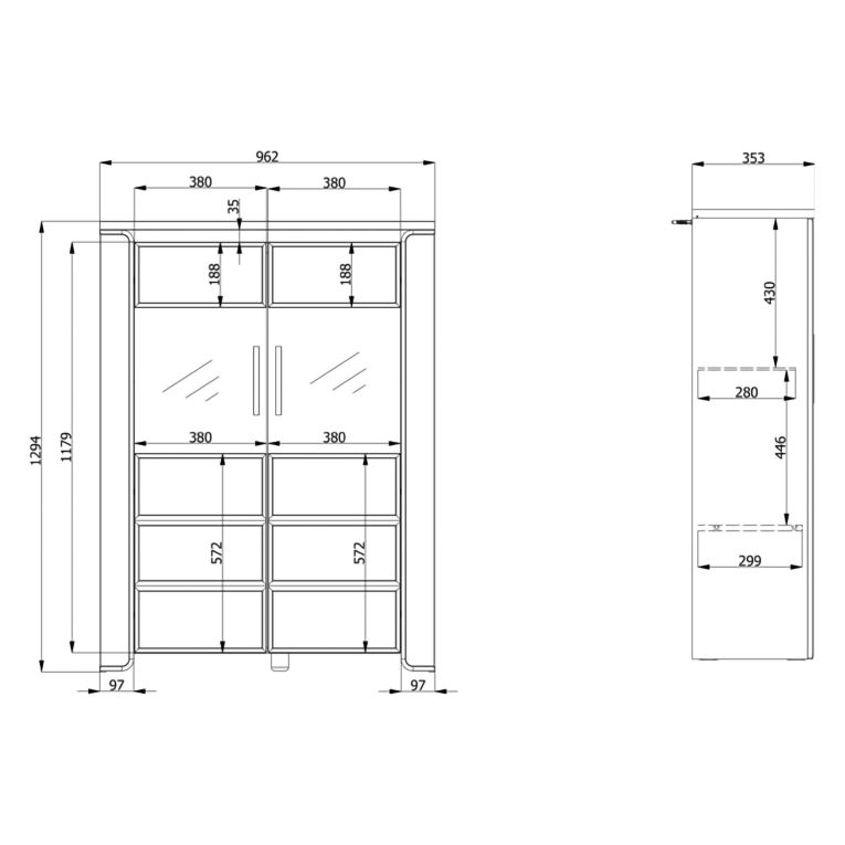 Vetrina Bianco Opaco Marrone Rovere 2 Ripiani 2 Ante 96x35x130h cm, Anta e Ripiani Dettaglio Vetro - Erto