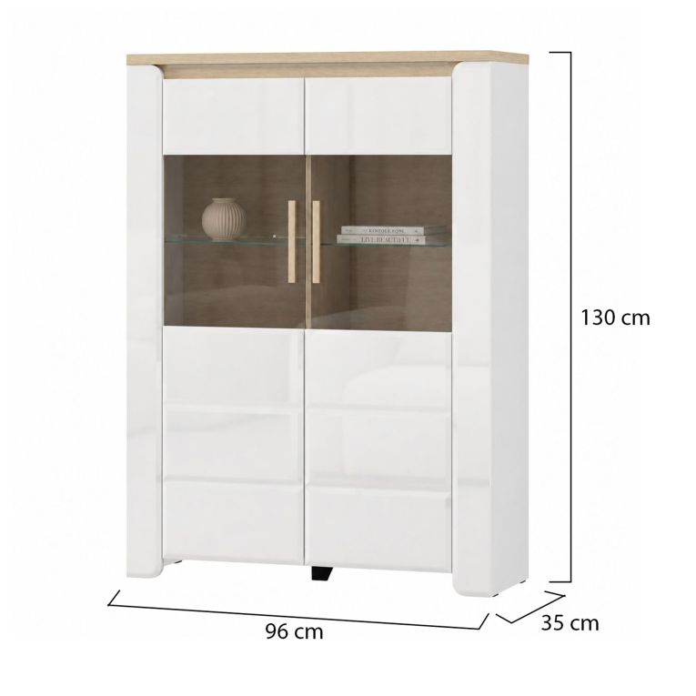 Vetrina Bianco Opaco Marrone Rovere 2 Ripiani 2 Ante 96x35x130h cm, Anta e Ripiani Dettaglio Vetro - Erto