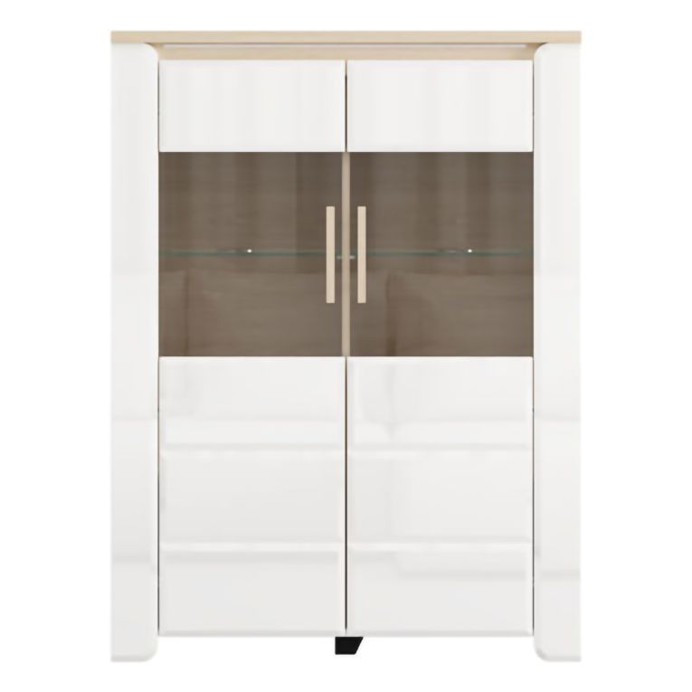 Vetrina Bianco Opaco Marrone Rovere 2 Ripiani 2 Ante 96x35x130h cm, Anta e Ripiani Dettaglio Vetro - Erto