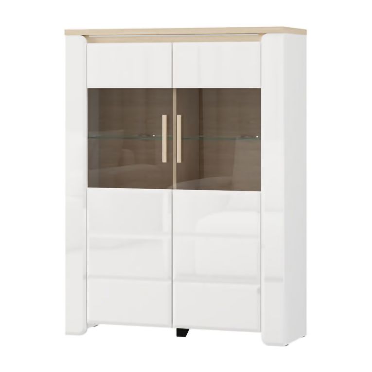 Vetrina Bianco Opaco Marrone Rovere 2 Ripiani 2 Ante 96x35x130h cm, Anta e Ripiani Dettaglio Vetro - Erto