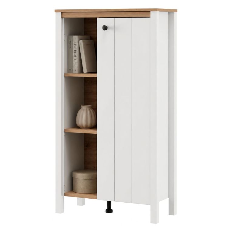 Vetrina Bianco Opaco Marrone Rovere Nodi 4 Ripiani Un'anta 73x34x118h cm, con Piedini - Galdo