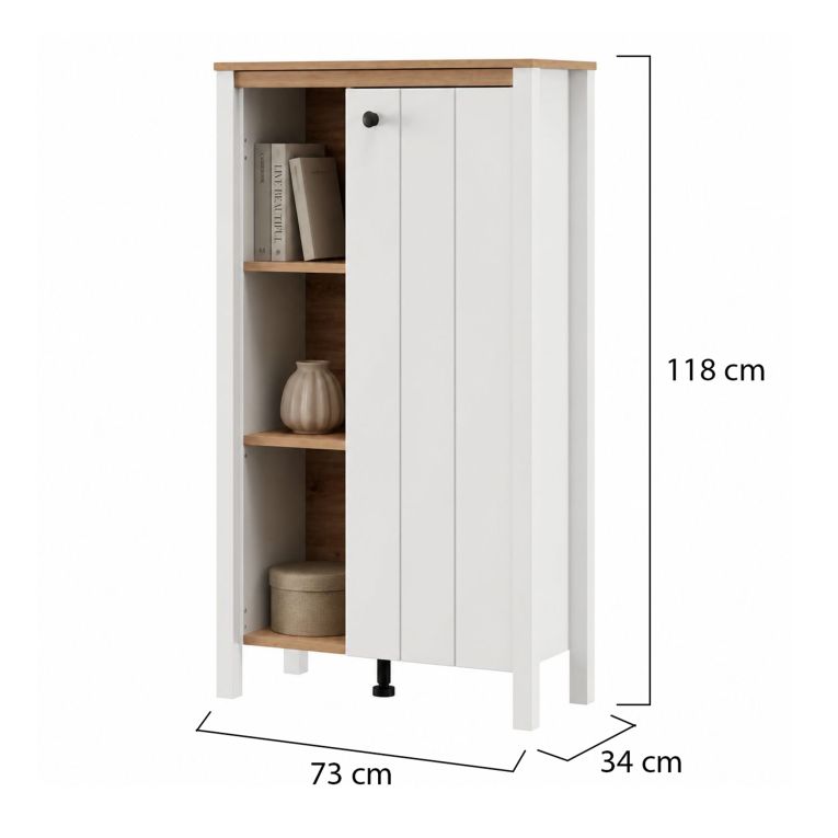 Vetrina Bianco Opaco Marrone Rovere Nodi 4 Ripiani Un'anta 73x34x118h cm, con Piedini - Galdo