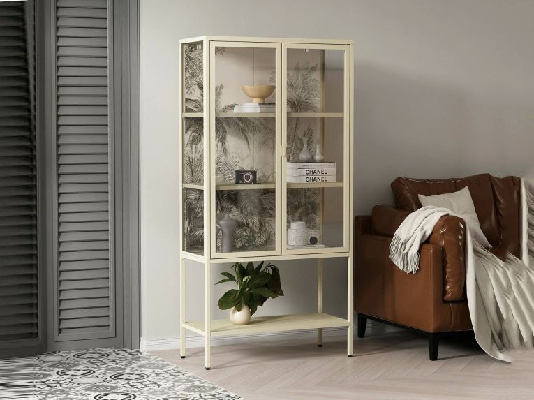 Vetrina Bianco Panna 3 Ripiani Apertura Battente 80x35x160h cm, 2 Ante - Busseto