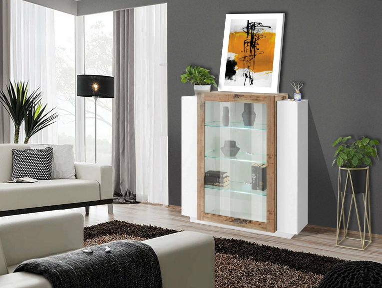 Vetrina Dlamagn, cm 120x45h115, Bianco lucido e Acero